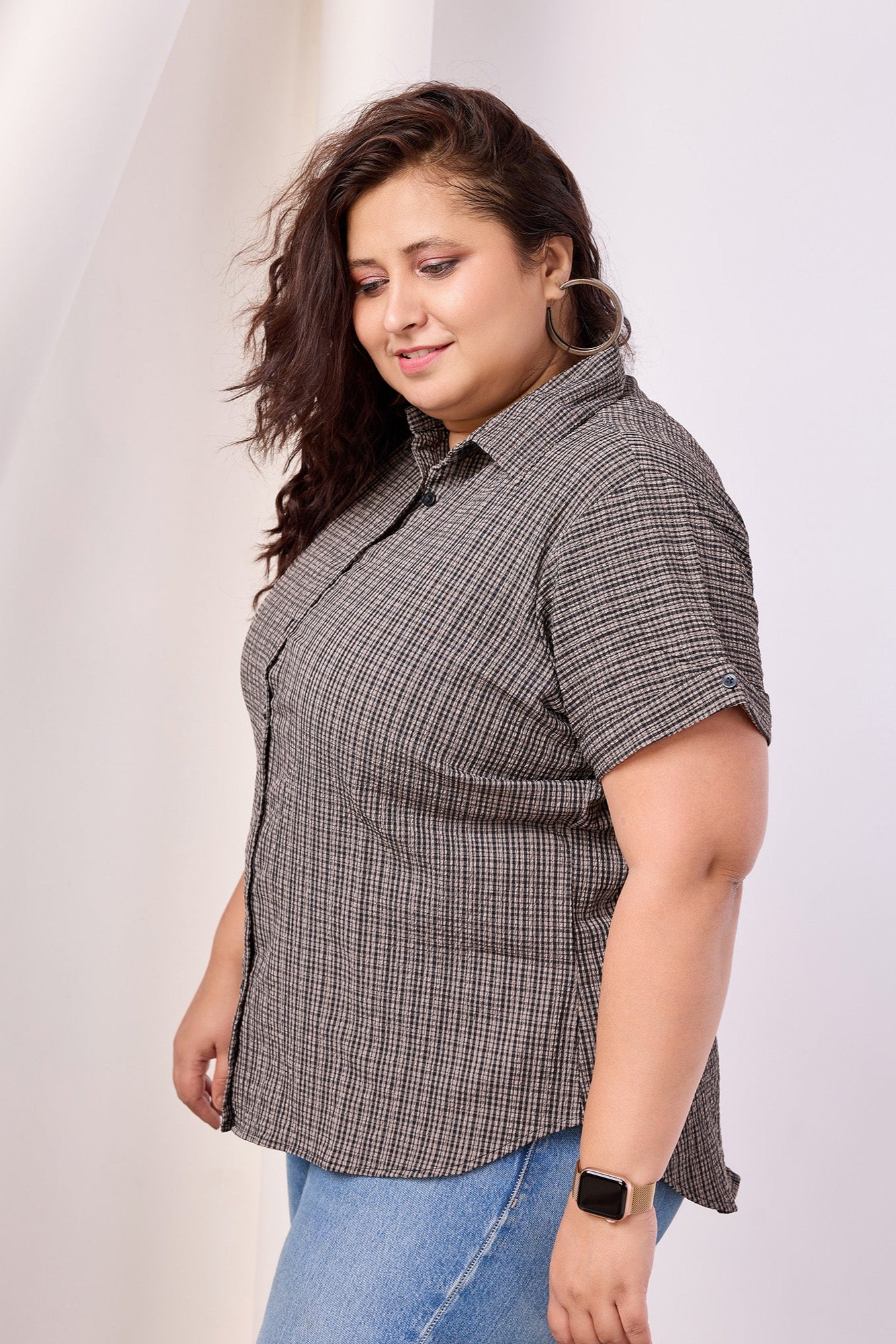 Stylish Half-Sleeve Spread Collar Check Shirt