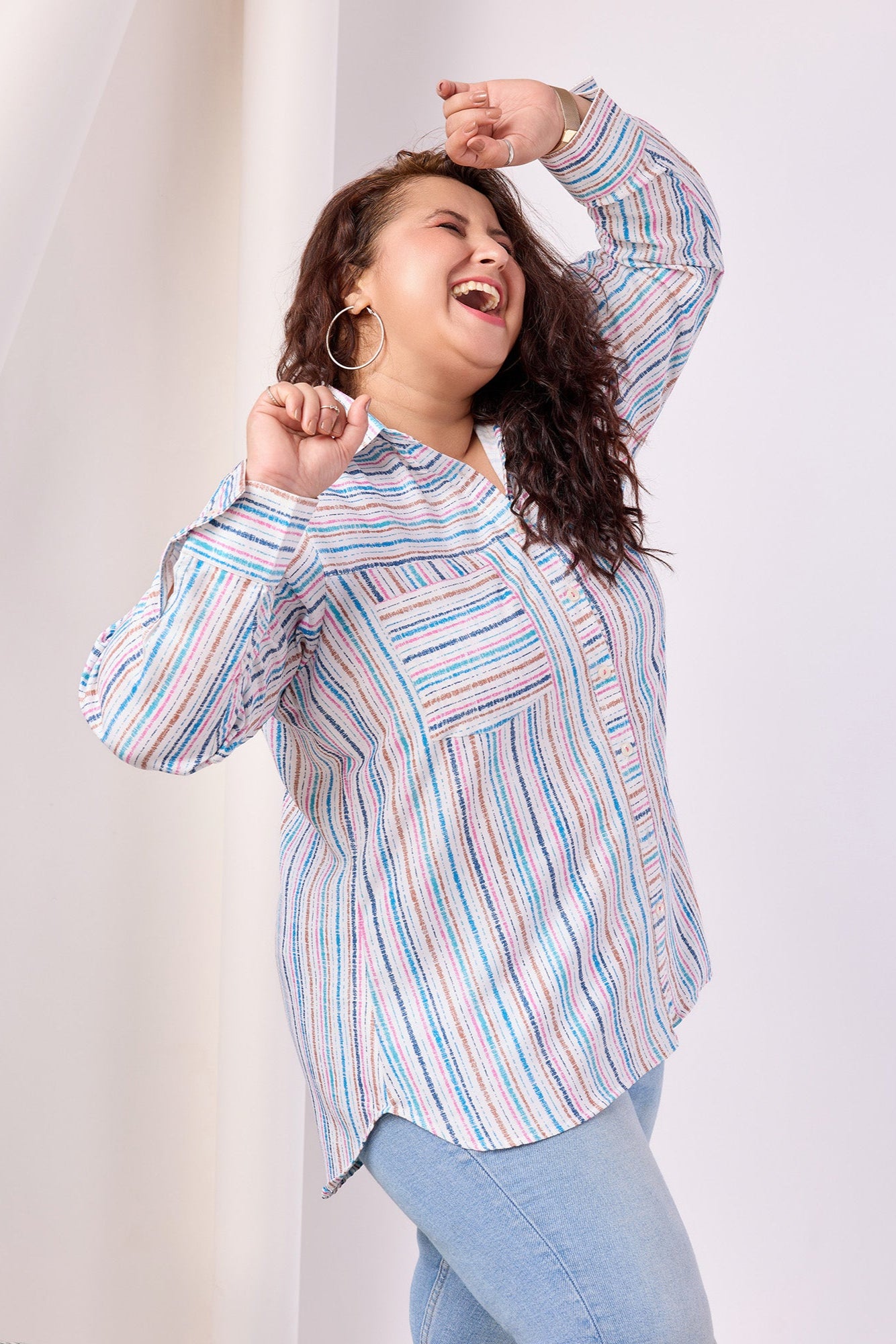 Vertical Striped Poly Rayon Shirt With Spread Collar