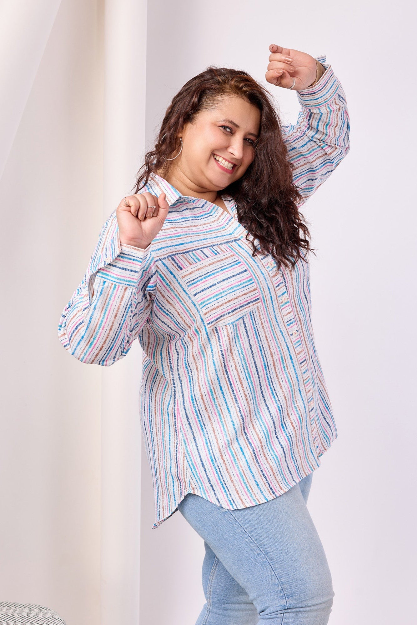 Vertical Striped Poly Rayon Shirt With Spread Collar