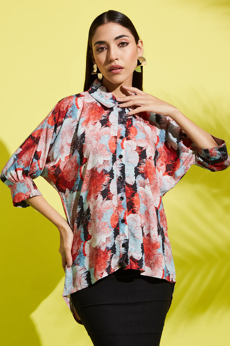 Spread Collar Floral Printed Rayon Shirt