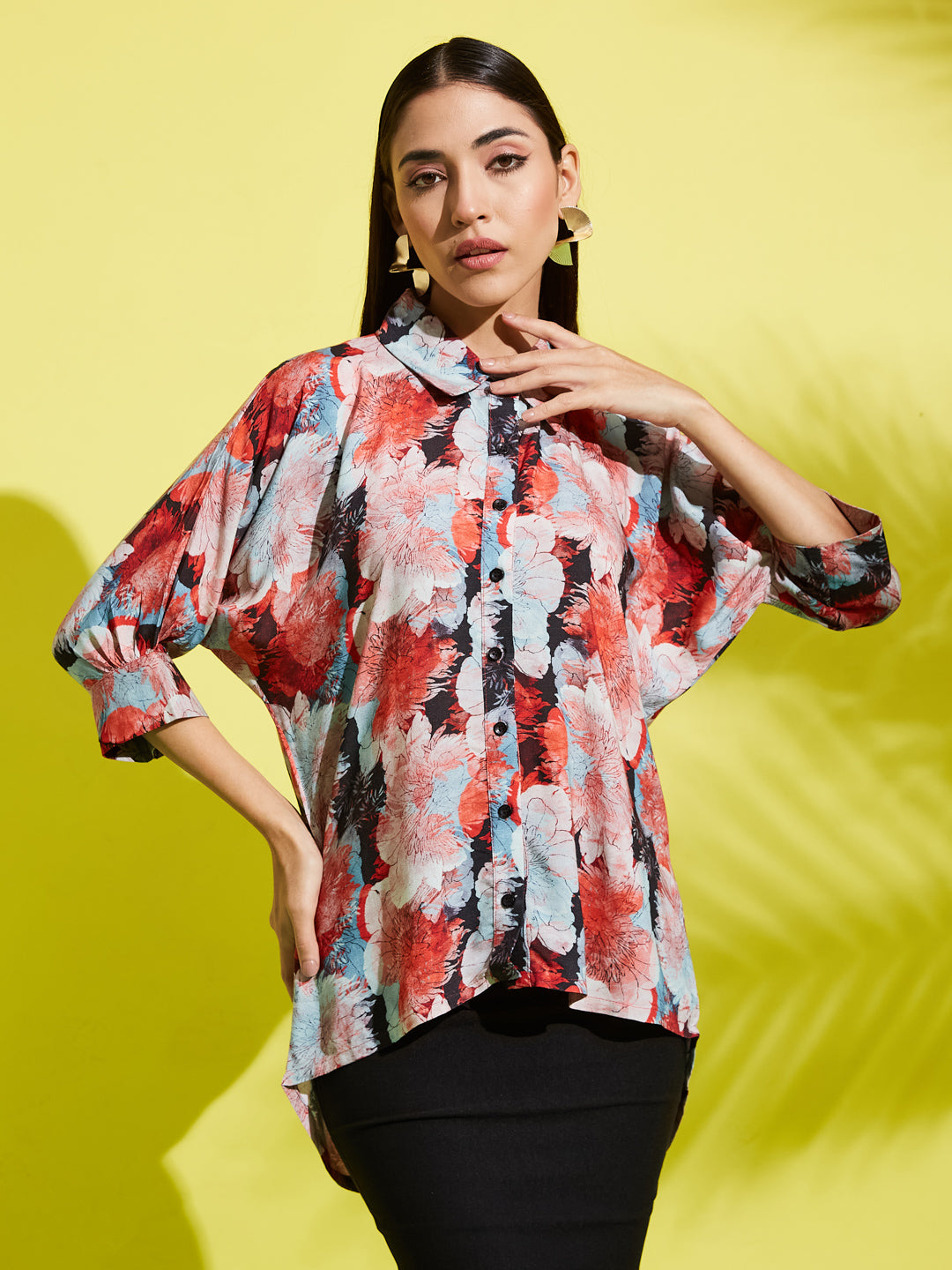 Spread Collar Floral Printed Rayon Shirt