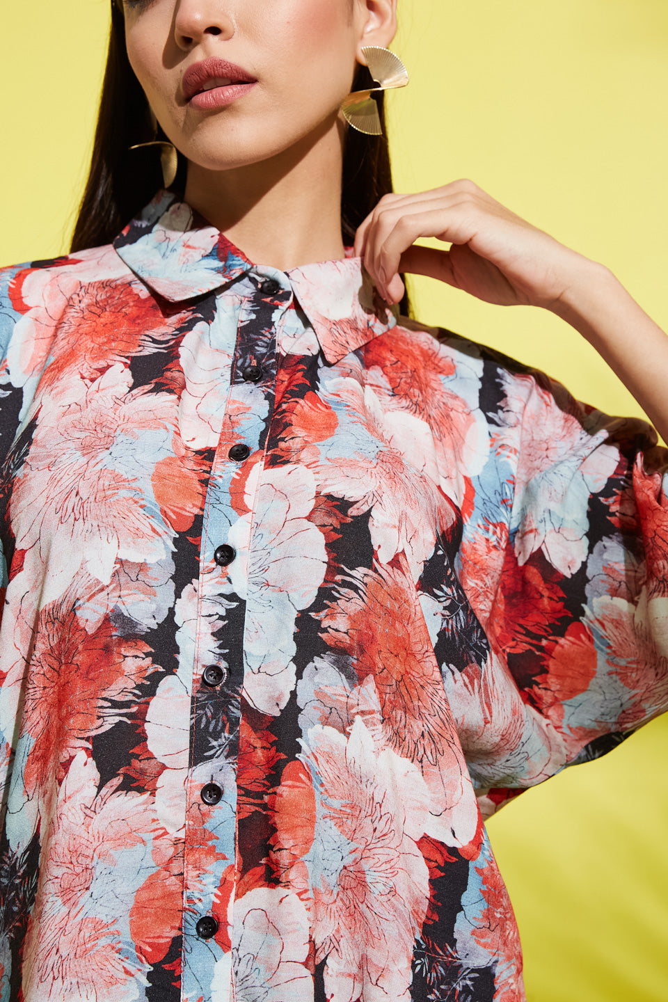 Spread Collar Floral Printed Rayon Shirt