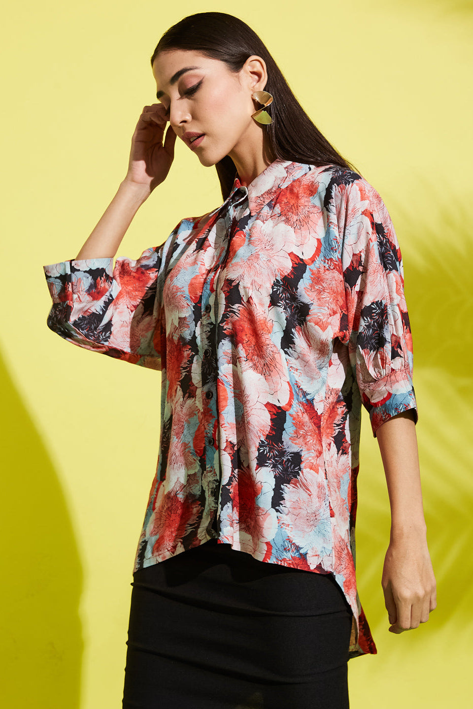 Spread Collar Floral Printed Rayon Shirt