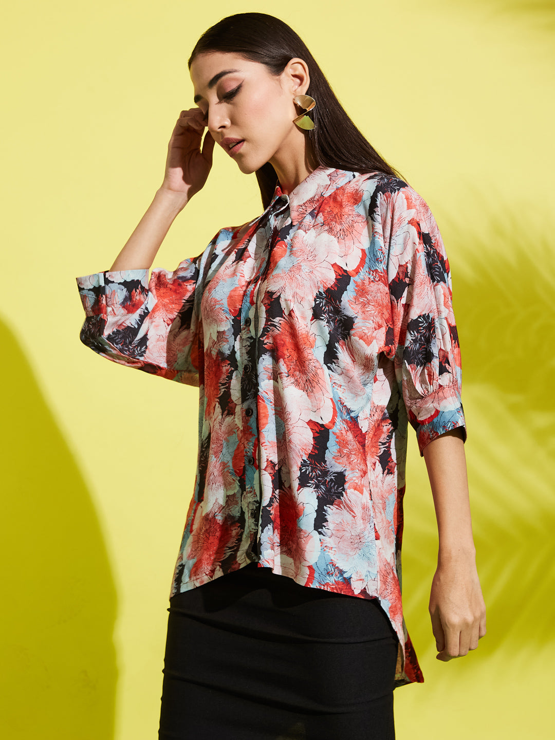 Spread Collar Floral Printed Rayon Shirt