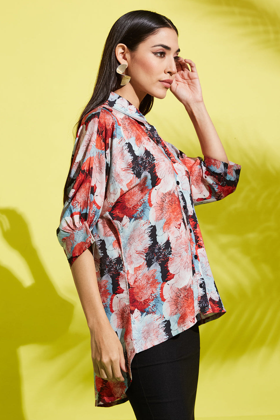 Spread Collar Floral Printed Rayon Shirt