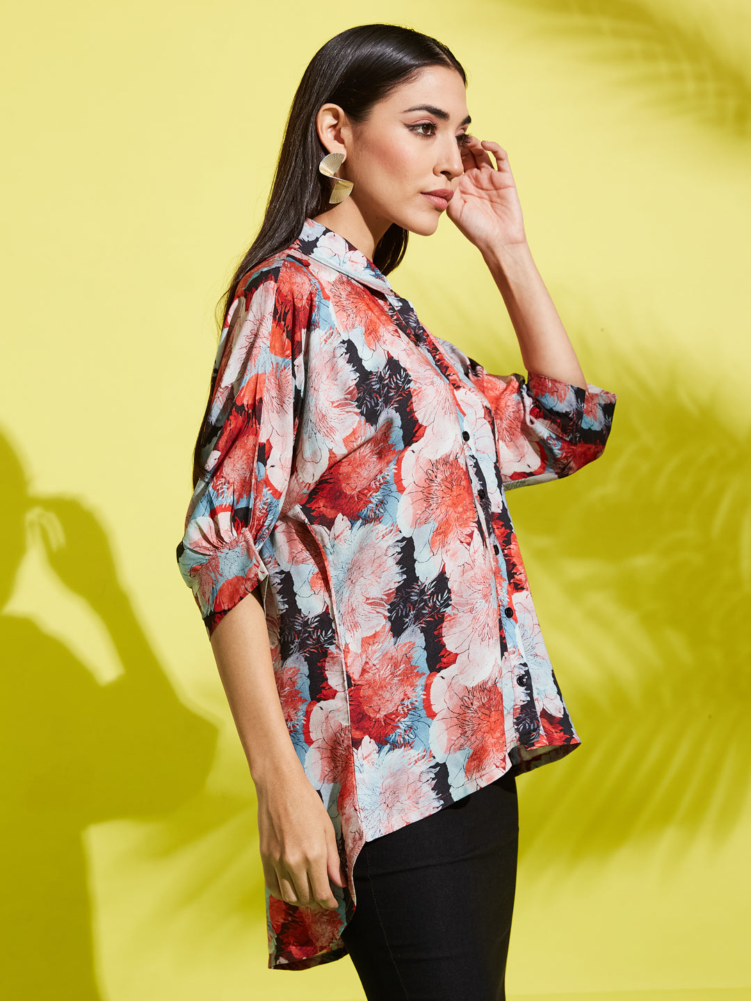 Spread Collar Floral Printed Rayon Shirt