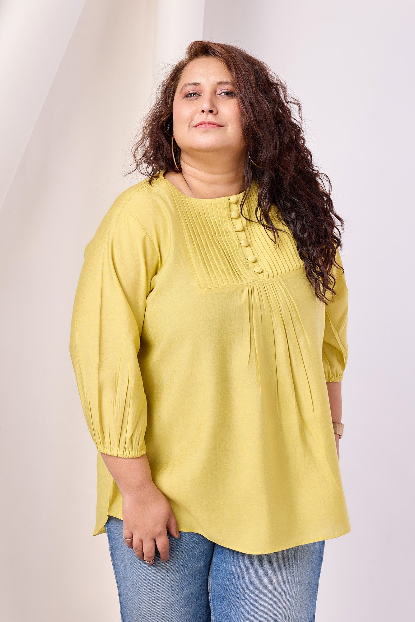 Poly Silk Round Neck Solid Yellow Top