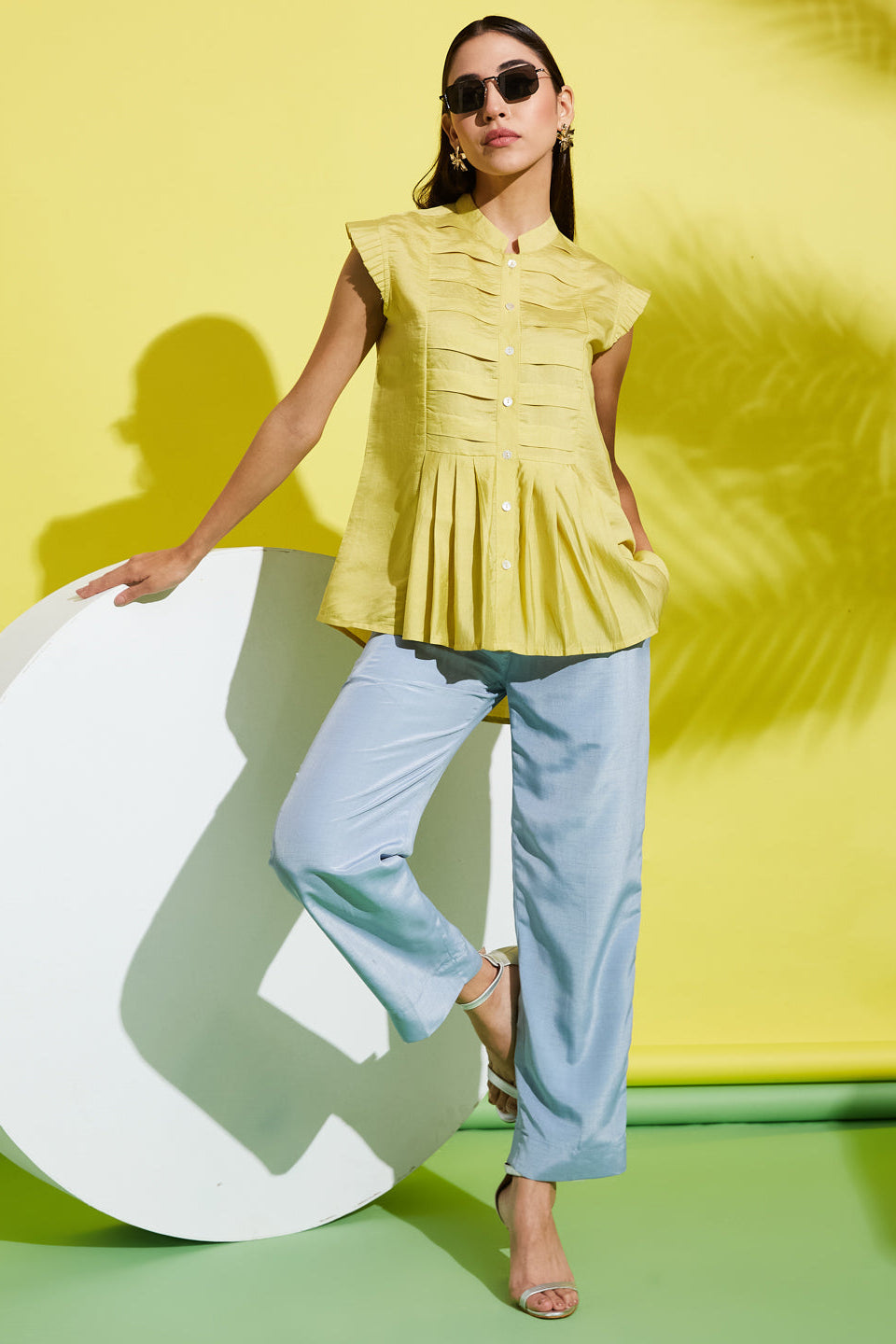 Pleated Yoke Mandarin Collar Solid Top