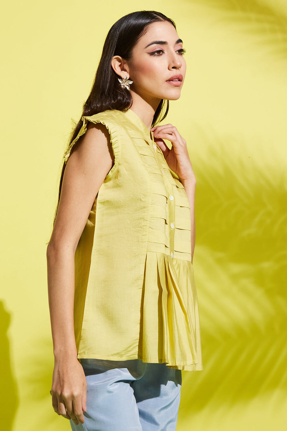 Pleated Yoke Mandarin Collar Solid Top