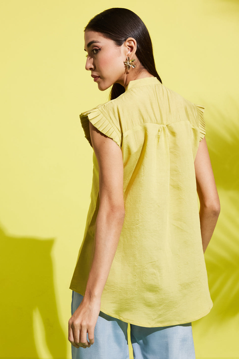 Pleated Yoke Mandarin Collar Solid Top