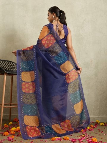 Navy Blue Floral Printed Tissue Saree with Printed Border