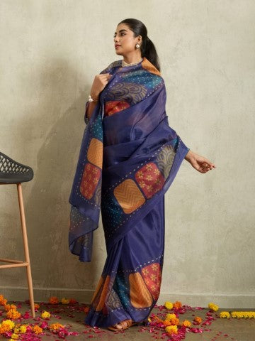 Navy Blue Floral Printed Tissue Saree with Printed Border