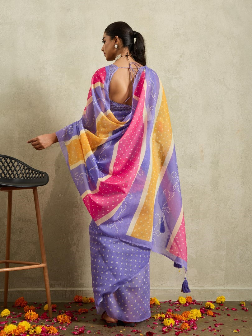 Purple Bandhani Printed Cotton Blend Deisgner Saree