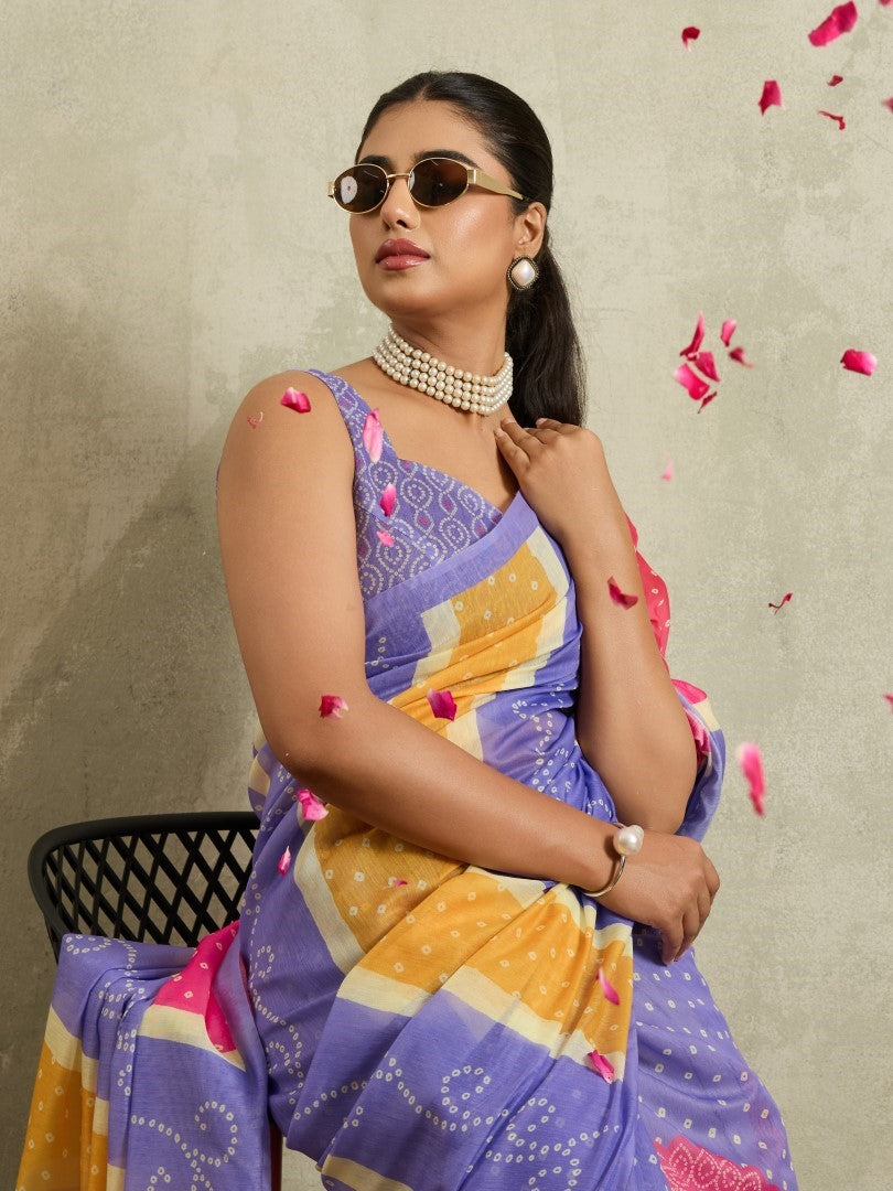 Purple Bandhani Printed Cotton Blend Deisgner Saree