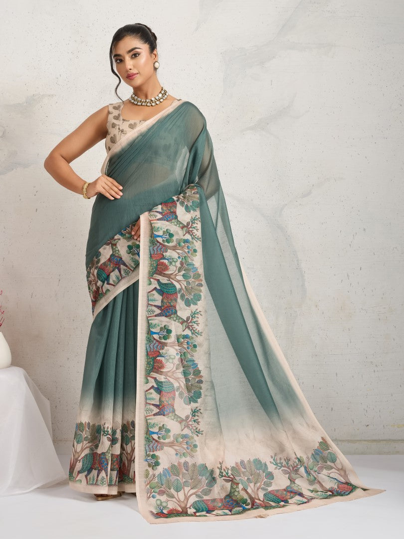 Green Ethnic Motifs Printed Cotton Blend Saree