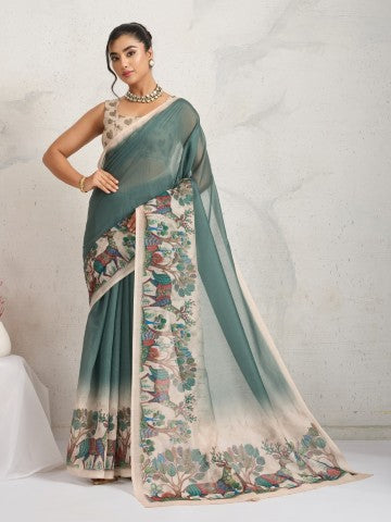 Teal Ethnic Printed Cotton Blend Ready to Wear Saree