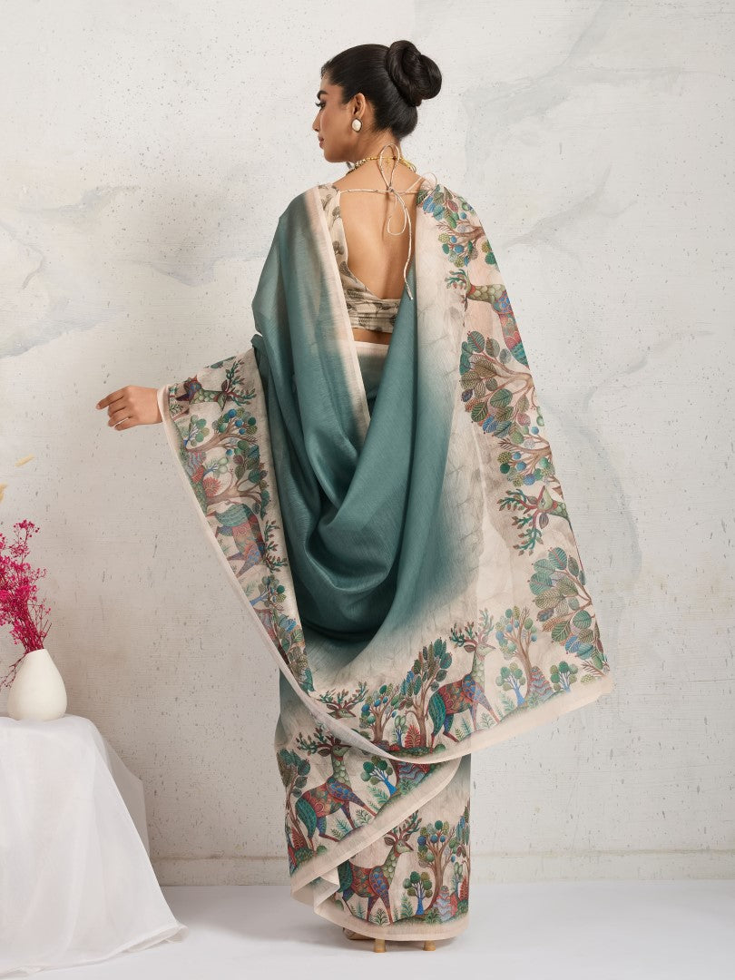 Green Ethnic Motifs Printed Cotton Blend Saree