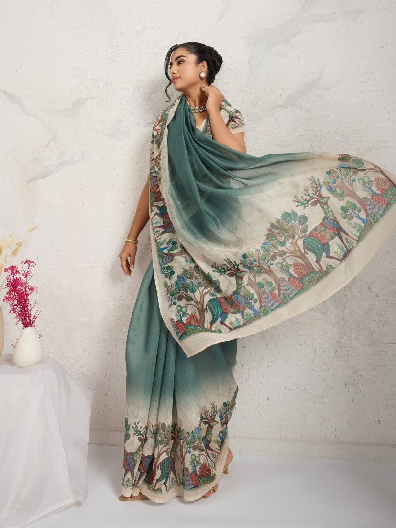 Green Ethnic Motifs Printed Cotton Blend Saree