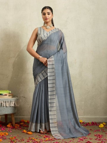 Grey Striped Cotton Blend Ready to Wear Saree