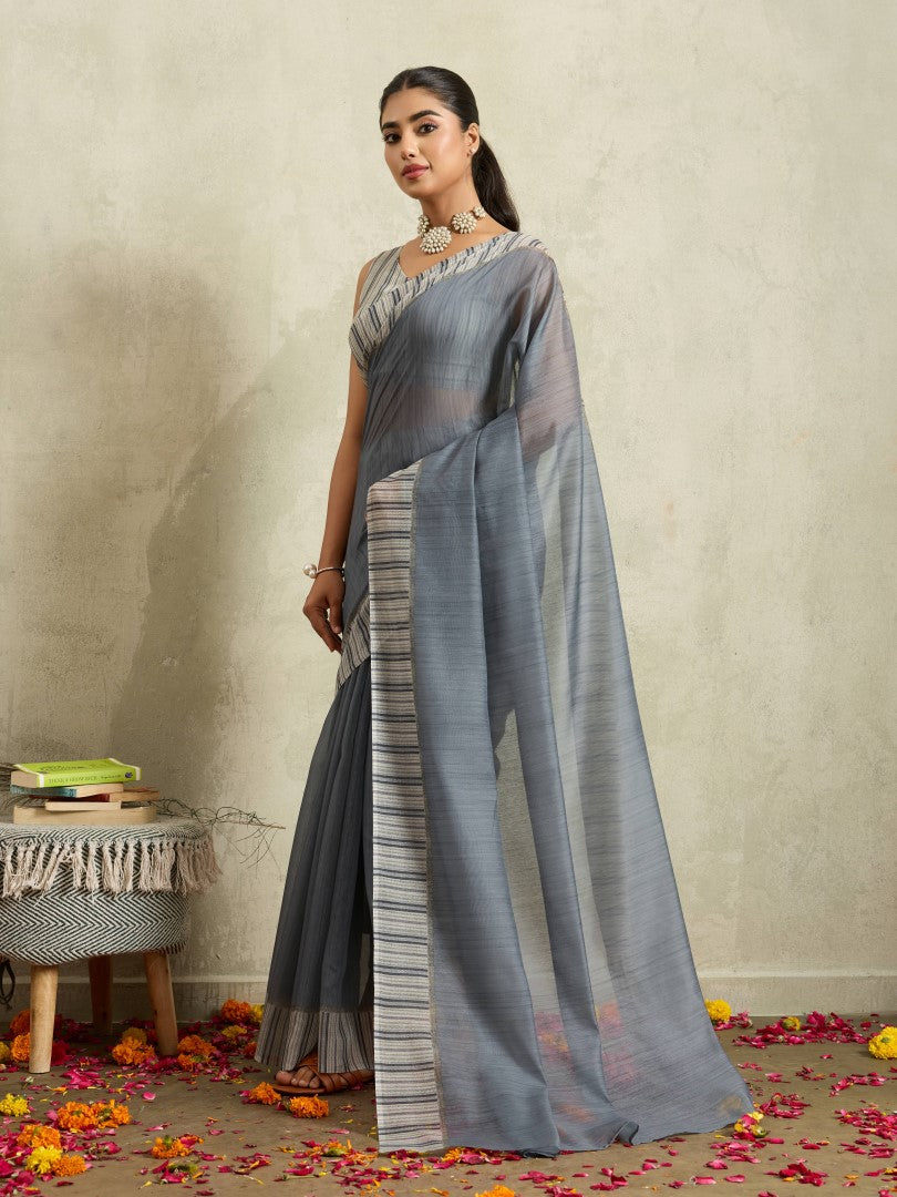 Grey Striped Cotton Blend Saree with Woven Design Border