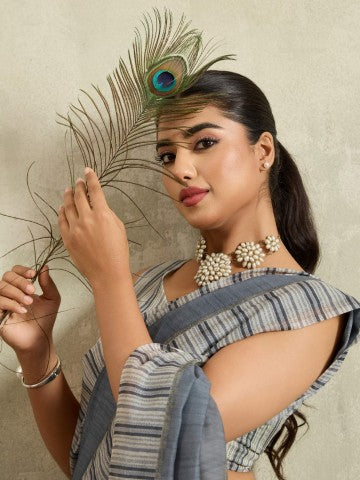 Grey Striped Cotton Blend Ready to Wear Saree