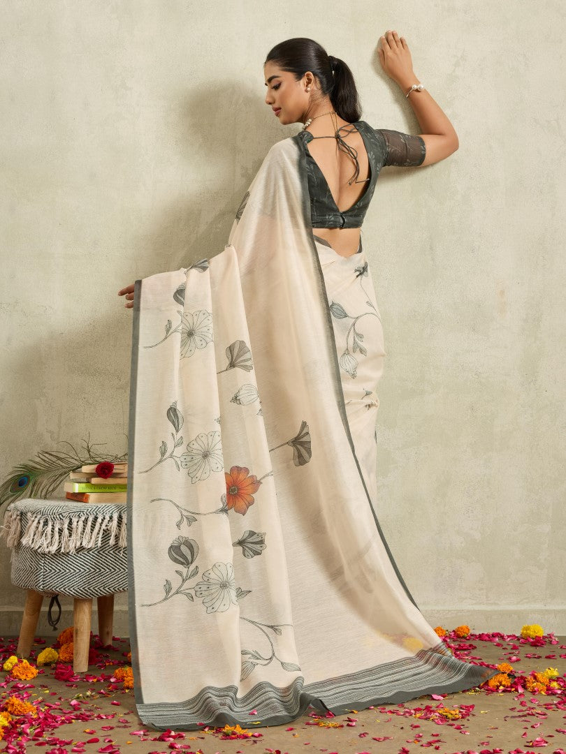 Cream Floral Printed Cotton Blend Saree