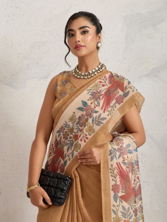 Brown Floral Printed Cotton Blend Saree
