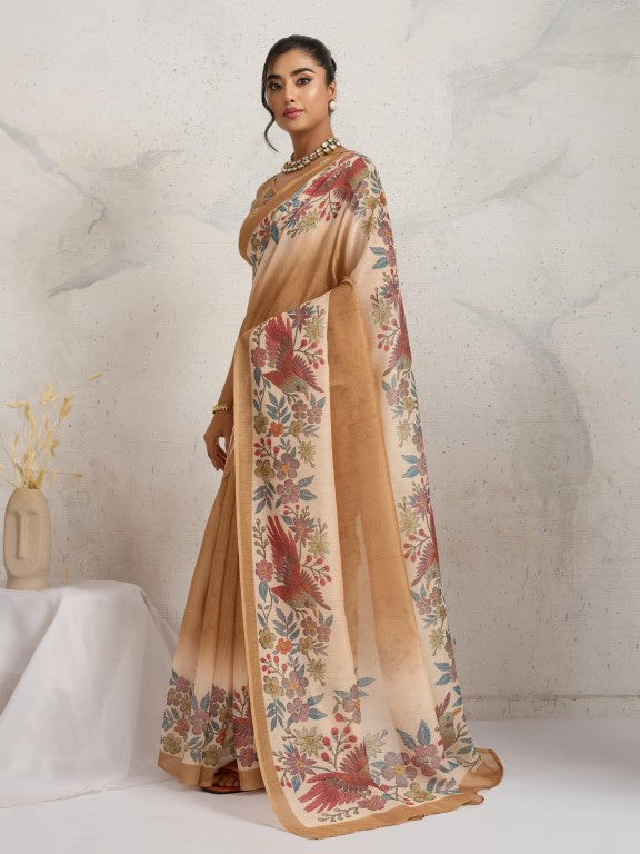 Brown Floral Printed Cotton Blend Saree