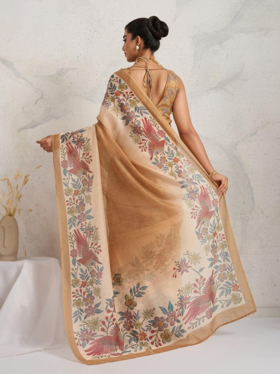 Brown Floral Printed Cotton Blend Saree