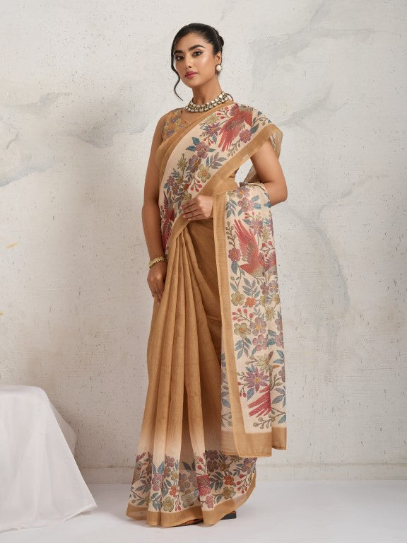 Brown Floral Printed Cotton Blend Saree