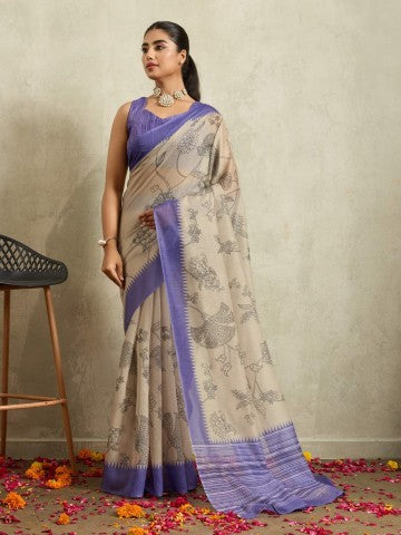 Purple Floral Printed Chanderi Ready to Wear Saree