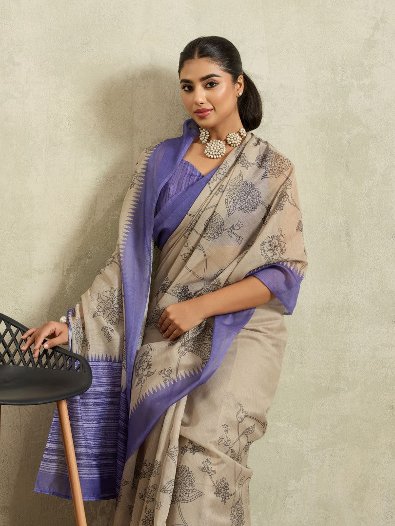 Purple Floral Printed Cotton Blend Saree with Solid Border
