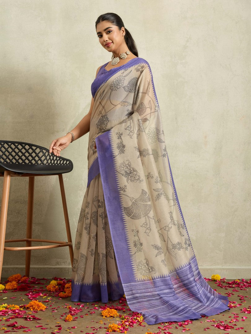 Purple Floral Printed Cotton Blend Saree with Solid Border