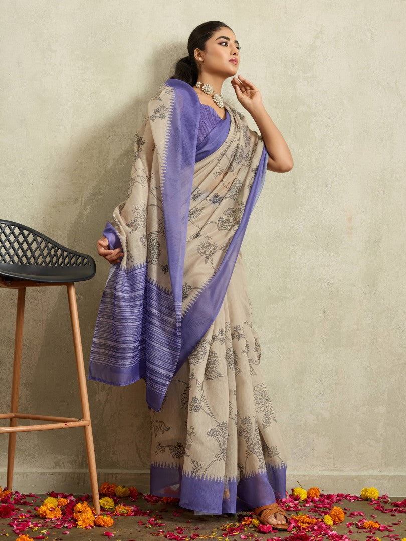 Purple Floral Printed Cotton Blend Saree with Solid Border