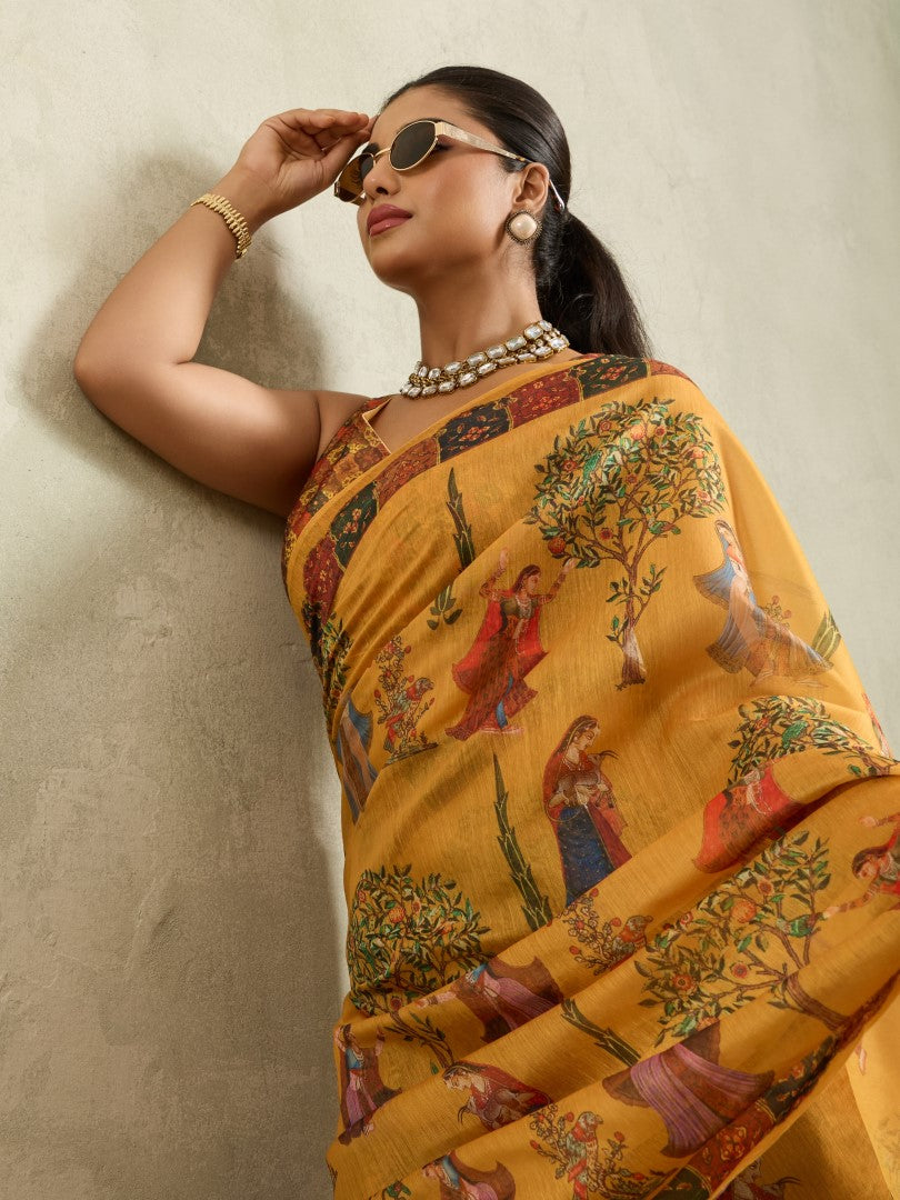 Mustard Digital Floral Printed Cotton Blend Saree