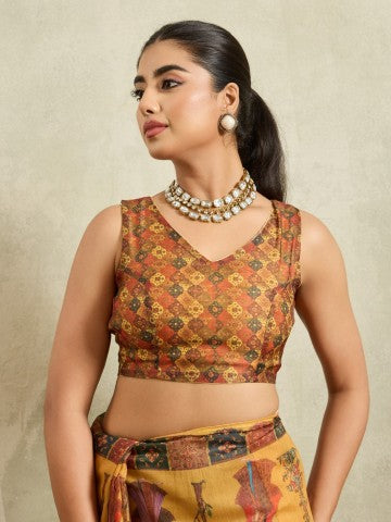 Mustard Ethnic Printed Cotton Blend Ready to Wear Saree