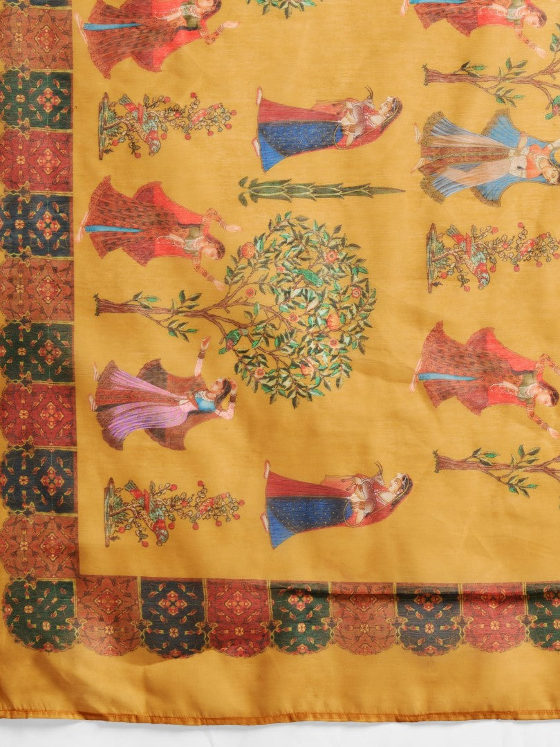 Mustard Digital Floral Printed Cotton Blend Saree