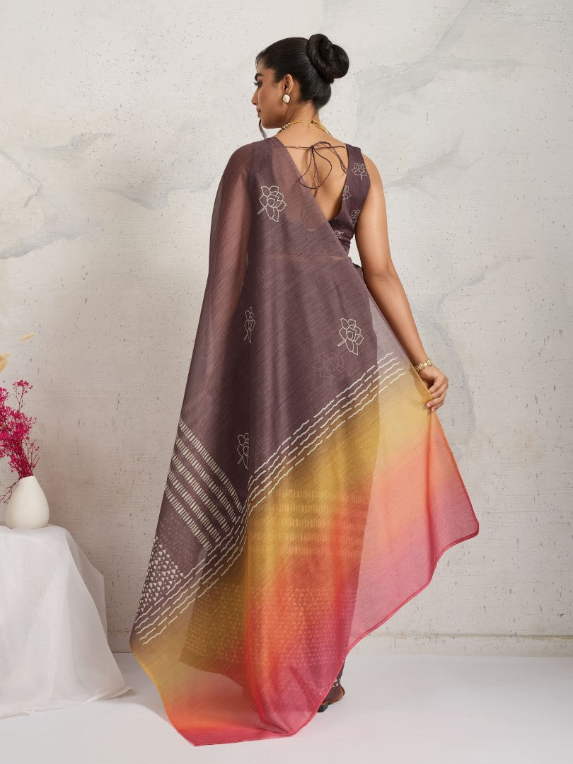 Brown Geometric Printed Cotton Blend Saree