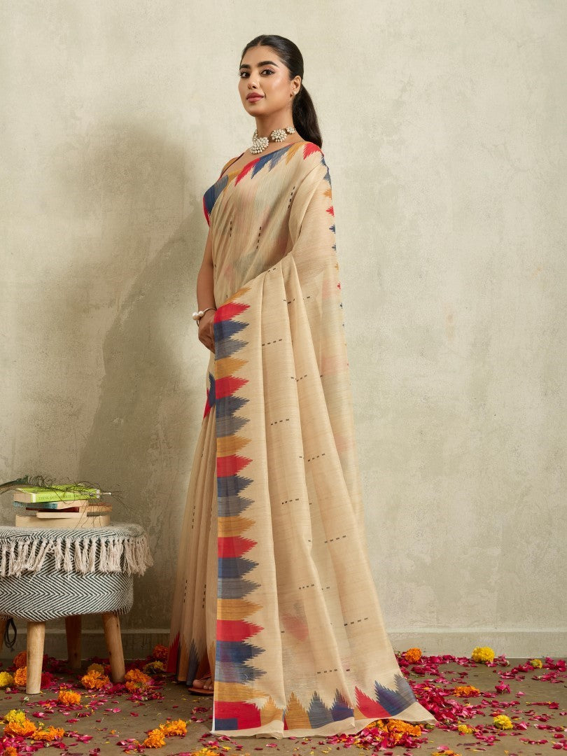 Cream Ethnic Motifs Woven Cotton Blend Saree