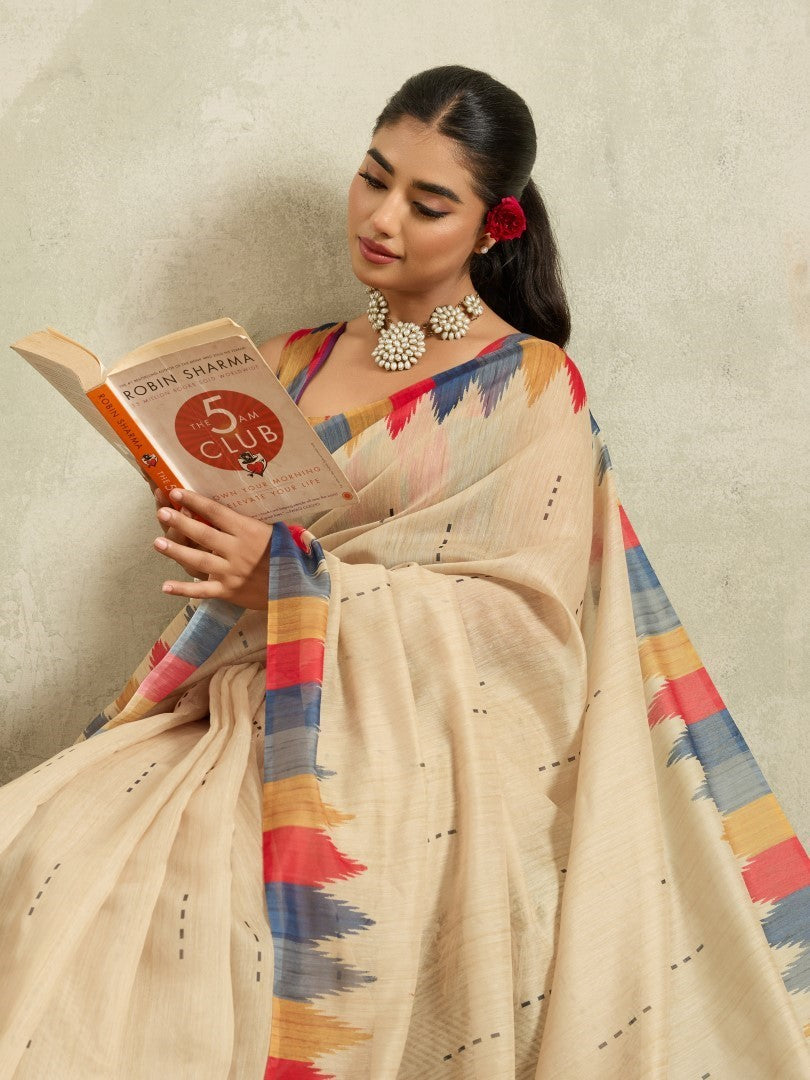 Cream Ethnic Motifs Woven Cotton Blend Saree