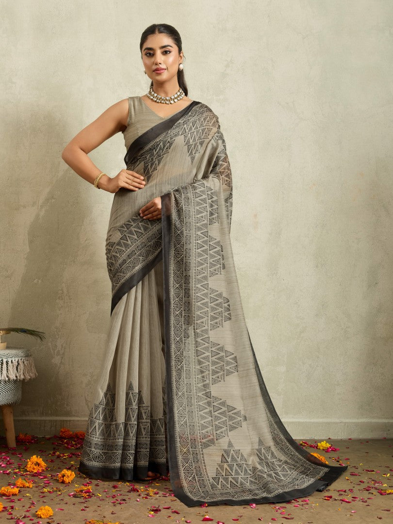 Black Digital Geometric Printed Cotton Blend Saree