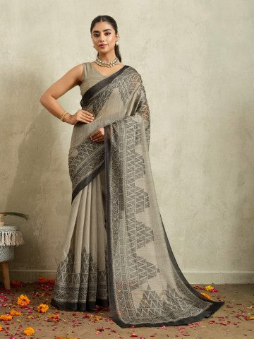 Black Geometric Printed Cotton Blend Ready to Wear Saree