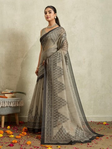 Black Geometric Printed Cotton Blend Ready to Wear Saree
