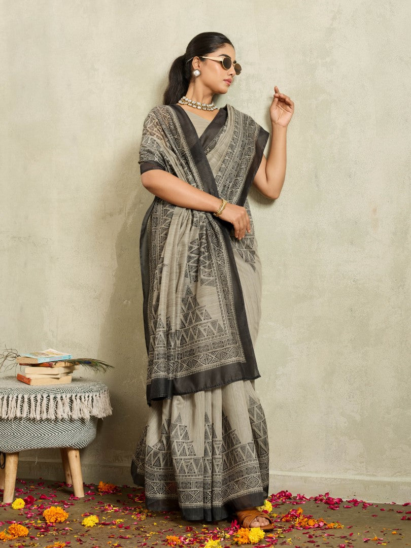 Black Digital Geometric Printed Cotton Blend Saree
