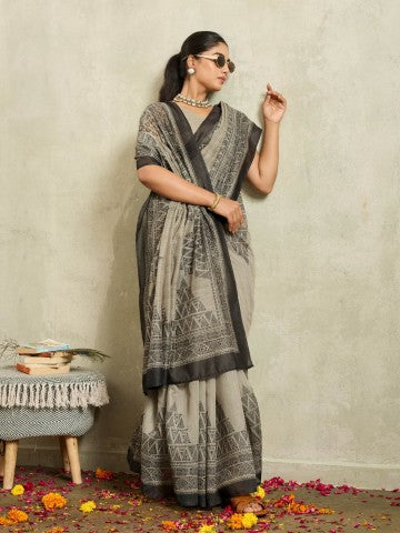 Black Geometric Printed Cotton Blend Ready to Wear Saree