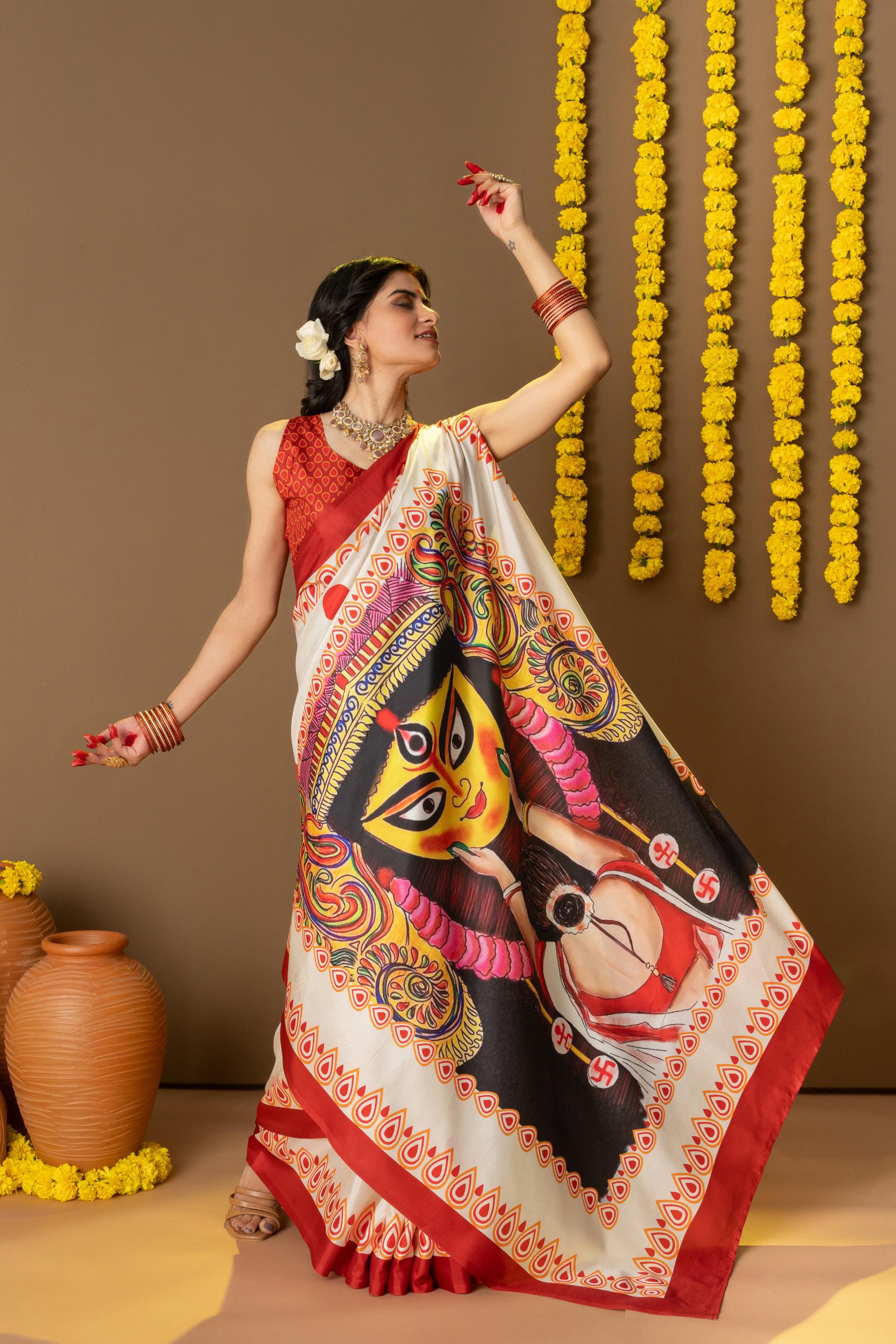 Rachna Durga Face Prints Dola Silk Saree