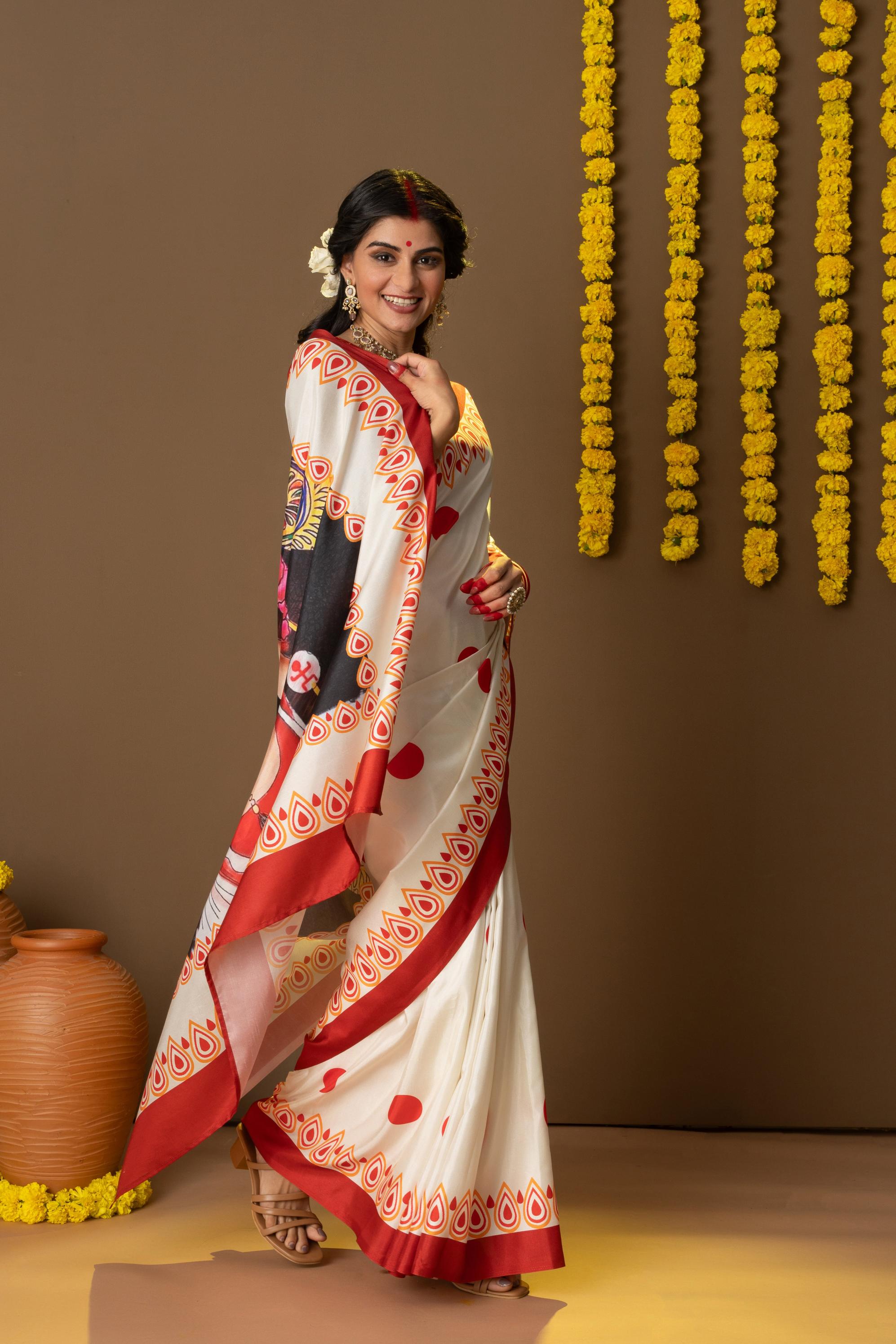 Rachna Durga Face Prints Dola Silk Saree