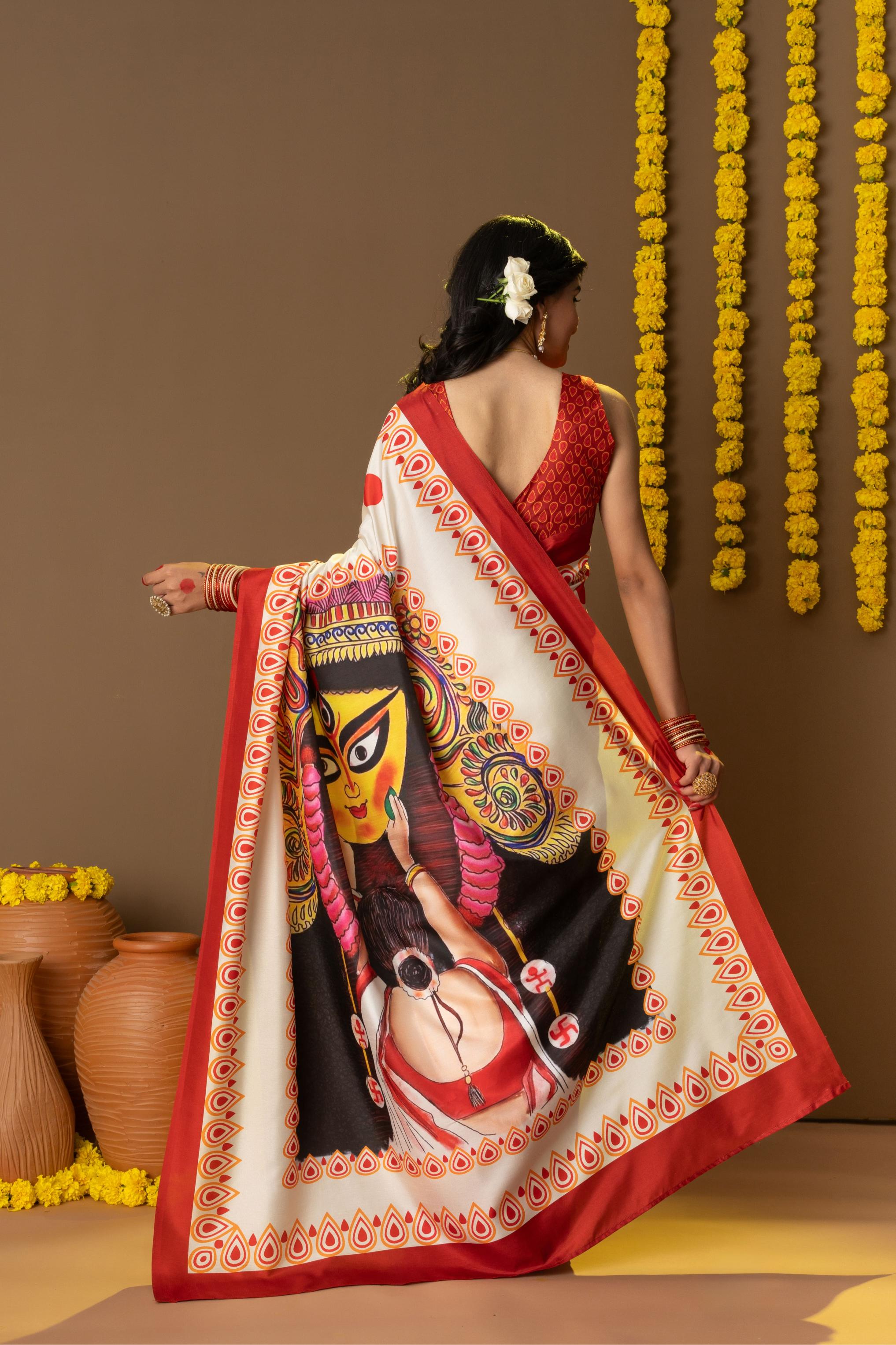 Rachna Durga Face Prints Dola Silk Saree