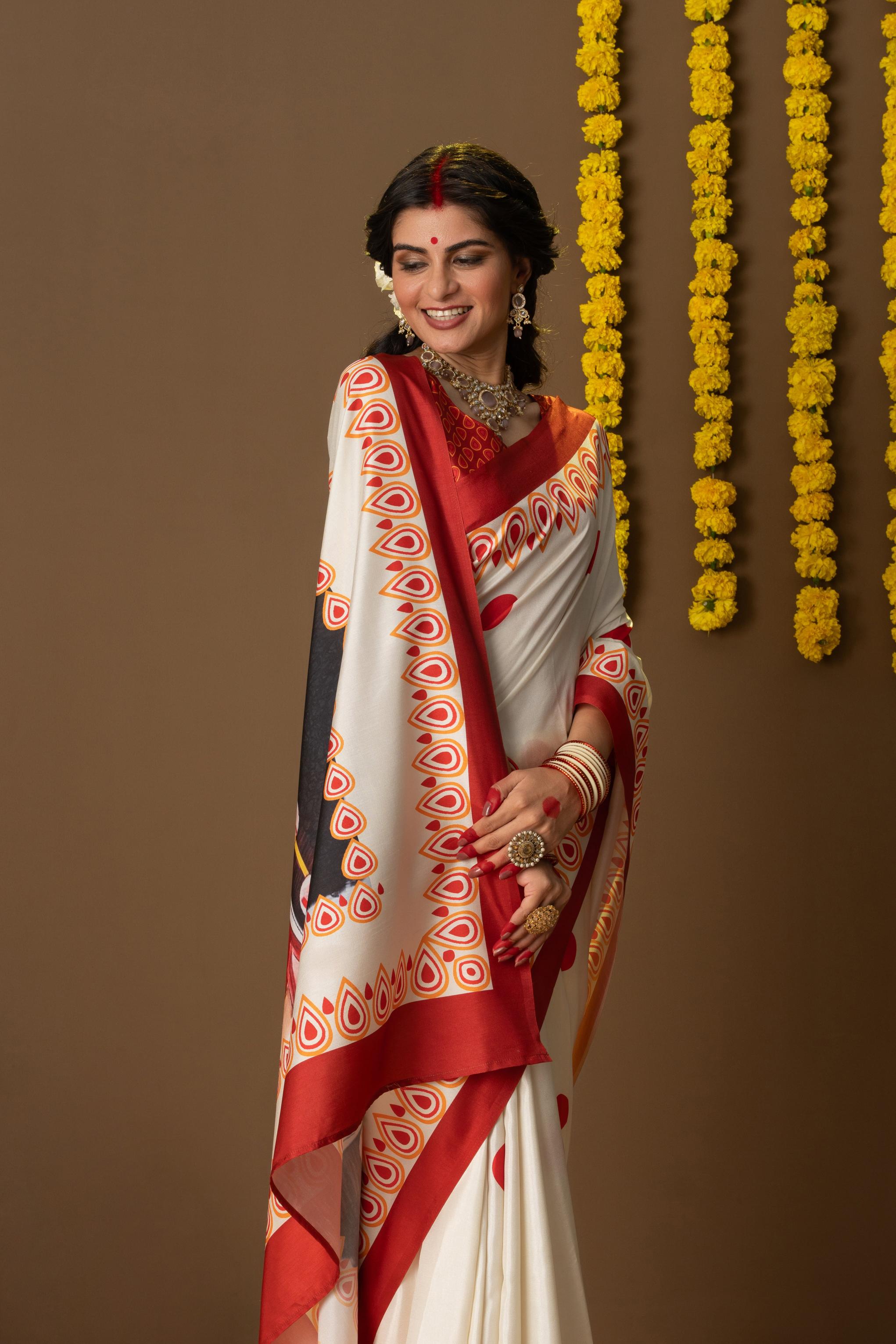 Rachna Durga Face Prints Dola Silk Saree