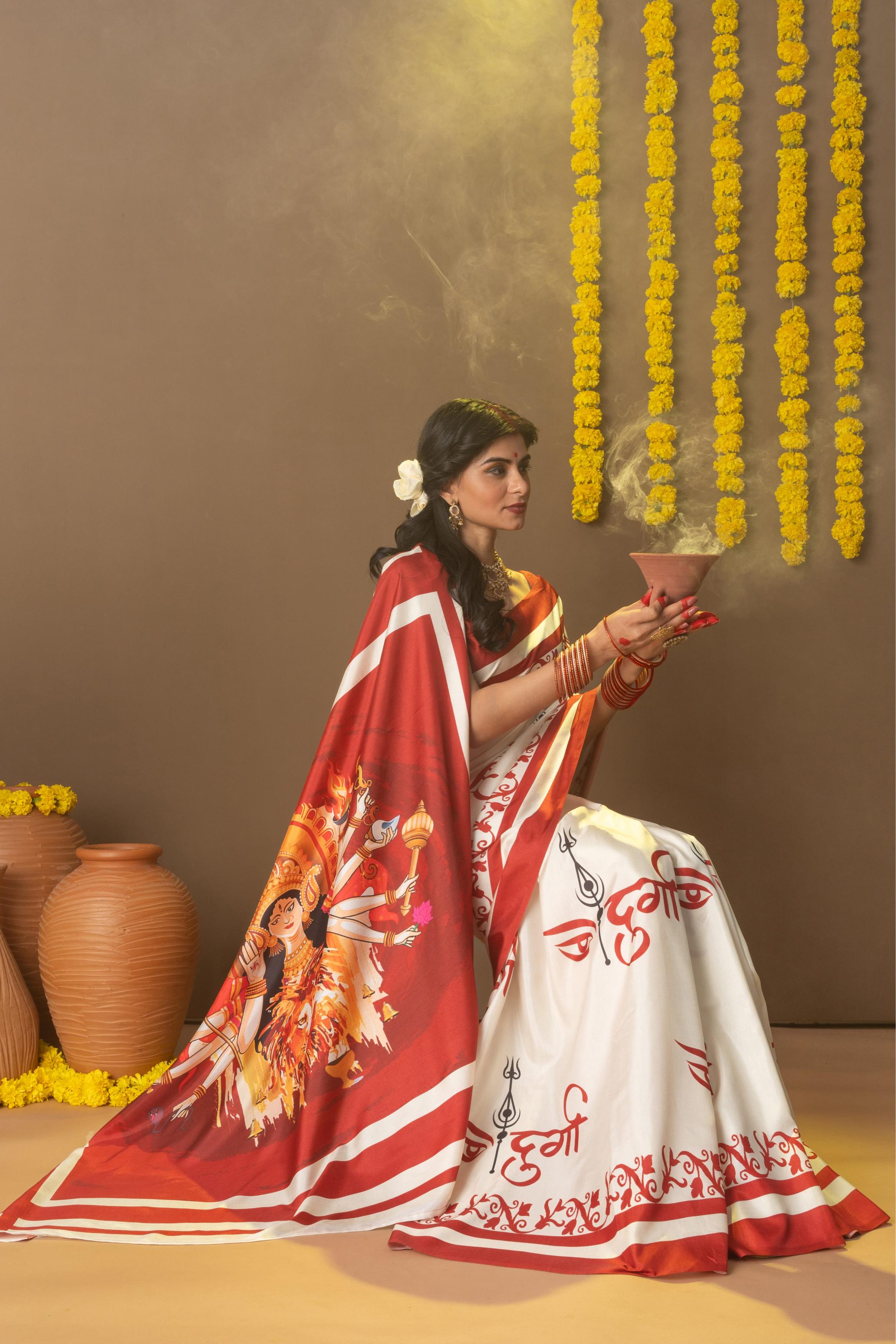 Rachna Durga Letter Prints Dola Silk Saree